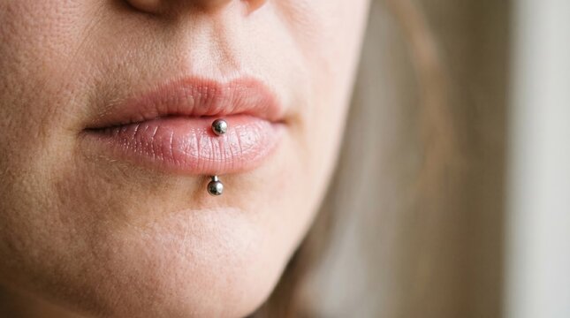Close-up of female lips with a vertical labret piercing, showcasing modern body jewelry and alternative fashion