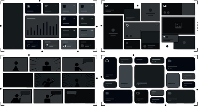 Dark Mode Bento Grid Website Layout Template Collection Featuring Wireframe UI Elements Analytic Charts Dashboard Blocks And Profile Storyboards