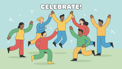 Fototapeta premium Group of diverse happy people jumping and dancing together in celebration with word celebrate on blue background.