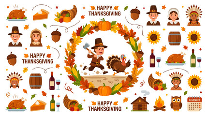 Fototapeta premium Happy Thanksgiving Cartoon Characters and Autumn Symbols - Vector Illustration