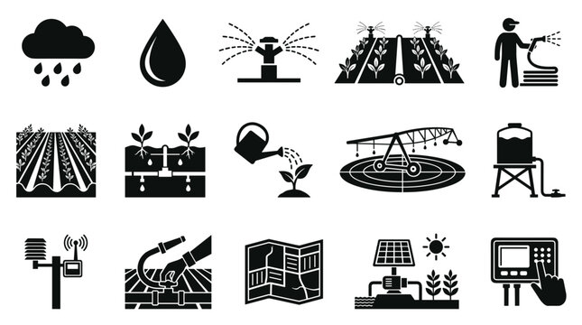 Collection of agricultural irrigation and farming icons.