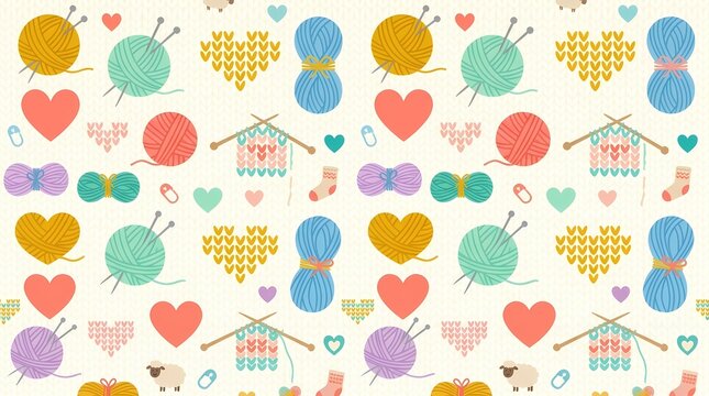 Colorful knitting and crafting tools pattern with hearts and yarn balls.