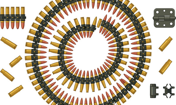 Military Machine Gun Ammunition Belt Vector Asset Kit Featuring Spiraled Bullet Strips Empty Shell Casings And Link Components On White Background