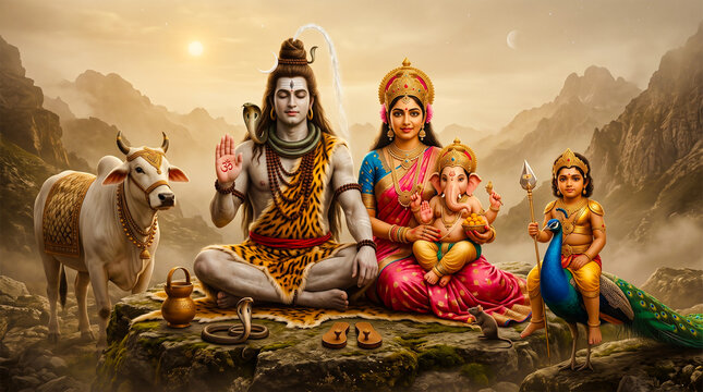 Divine Lord Shiva family blessing devotees with Nandi amidst majestic Himalayan spiritual peaceful