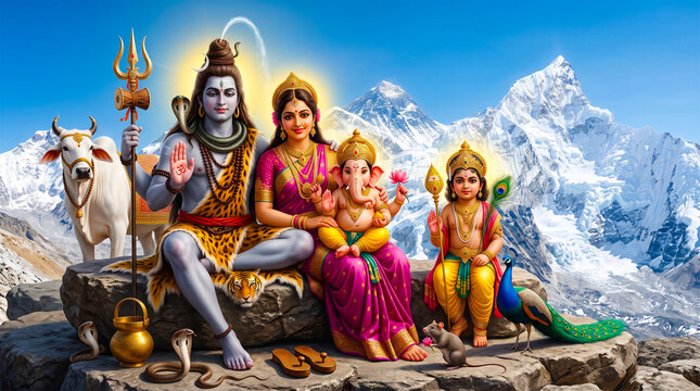 Sacred Shiva family seated before Mount Kailash symbolizing harmony devotion and eternal blessings