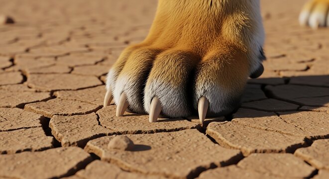 Close up of a lion paw on dry cracked earth.