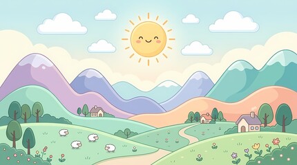 Fototapeta premium Peaceful countryside landscape with rolling hills and grazing sheep under a smiling sun.
