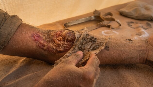 Severe skin lesion being treated in a humanitarian medical setting
