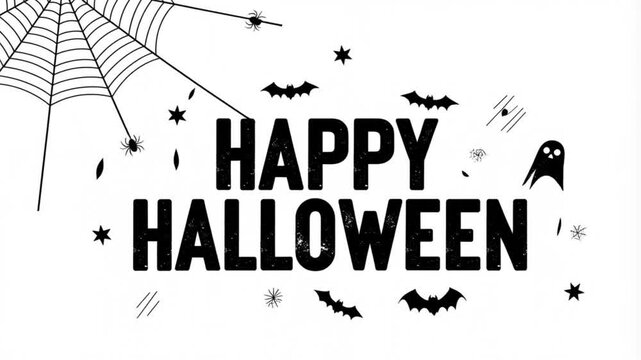Happy Halloween Typography Animation with Spider Web, Ghost, Bats and Hanging Spiders | Minimal Black and White Loop Background