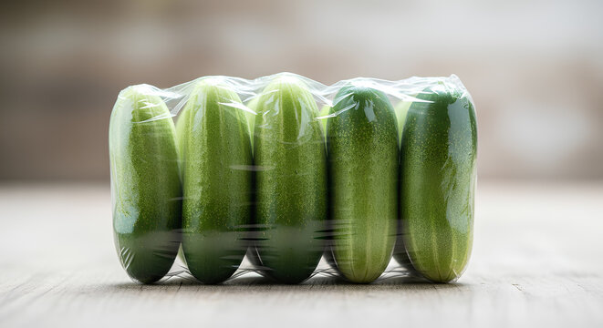 Fresh green cucumbers in single use plastic packaging