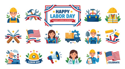 Naklejka premium Happy Labor Day Celebration Icons and Elements - USA Holiday