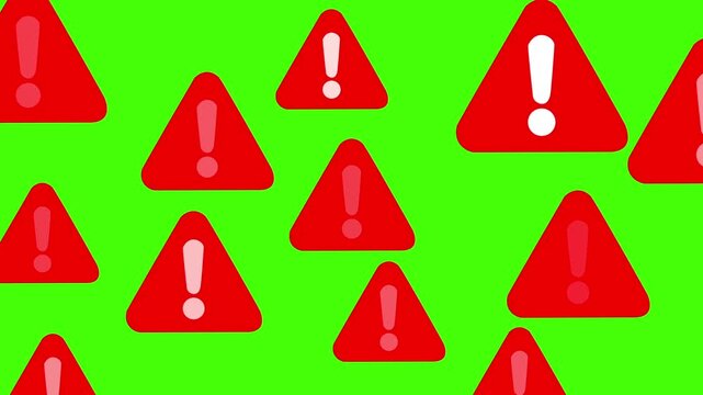 Red warning triangles pattern on green screen background for chroma key overlay red warning triangle, green screen, chroma key, exclamation mark, hazard icon, caution overlay, warning pattern, danger 