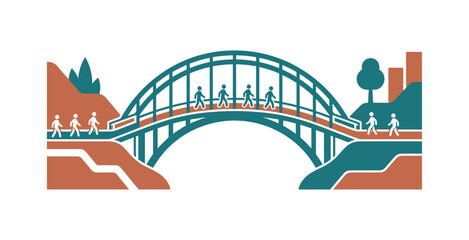 Fototapeta premium People Walking Across Bridge Vector Illustration