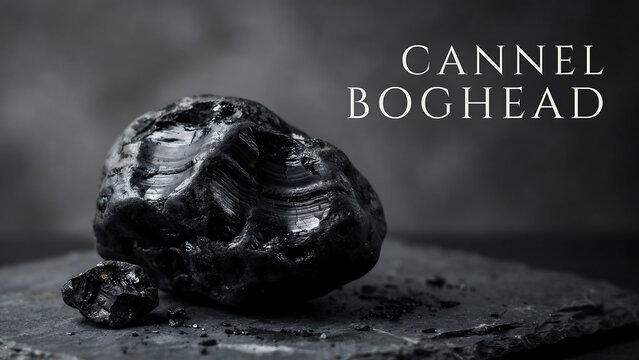 Cannel boghead coal rock on gray slate plate on blurred gray background with small piece of coal in front  natural mineral specimen