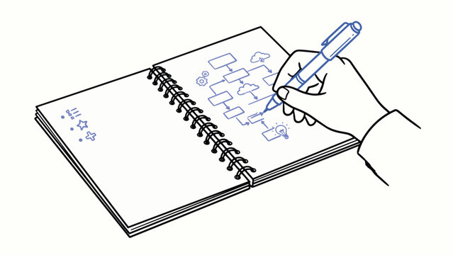 Hand drawing flowchart in spiral notebook with boxes lines and icons for planning and organizing ideas illustration