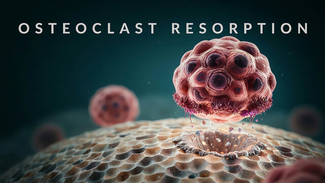 Osteoclast resorption process on bone tissue with cellular activity and dissolution of minerals