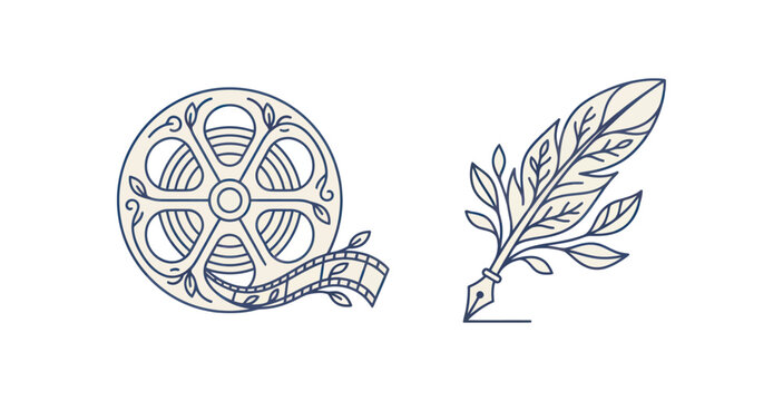 Film Reel and Quill Pen Decorative Icon Set