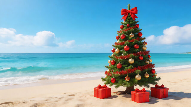 Christmas tree on beach with gifts
