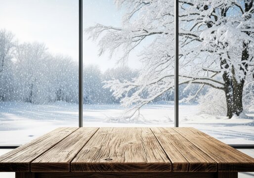 An empty rustic table sits near a large glass window overlooking a peaceful winter scene with falling snow and a bright, cold atmosphere, texture, atmosphere, landscape