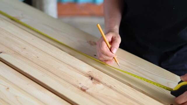 Close-up of a craftswoman marking wood with a pencil in a workshop. Female carpenter's hands measuring a wooden plank with a yellow tape measure. Slow motion 4K footage.