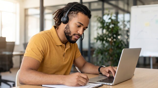 Focused Young Man with Headset Working on Laptop and Taking Notes in Modern Office.