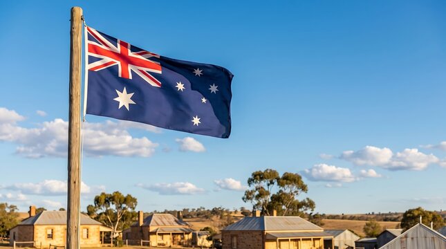 National Australian flag on rustic wooden pole waving over historic rural village under clear blue sky