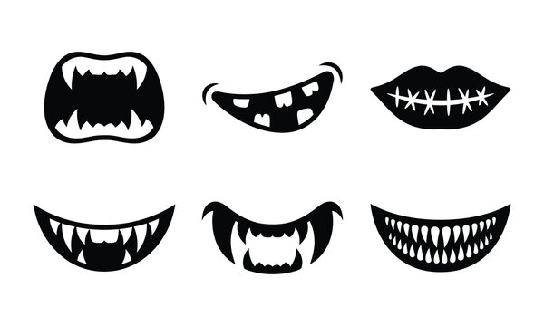 Set of halloween horror mouths with teeth and stitched lips cartoon vector.