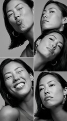 Obraz premium Expressive Portraits of a Stylish Young Woman Featuring Diverse Emotions and Unique Facial Expressions in Black and White Photography, Close-Up Captures of Mood and Personality