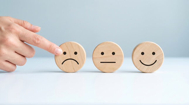 Emotions, wooden faces, smiley, neutral, sad, expression