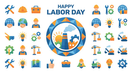 Fototapeta premium Happy Labor Day Industry and Construction Icons on White Background