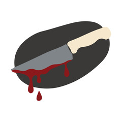 Bloody knife dripping red liquid on dark oval background, crime concept.