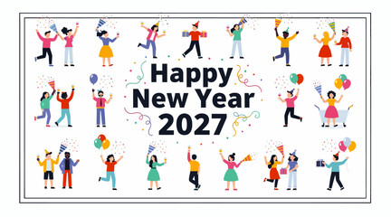 Naklejka premium Happy New Year 2027 Celebration Crowd with Confetti