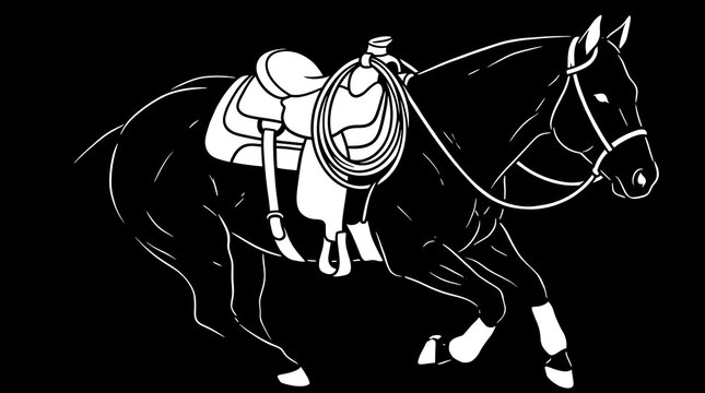 Black and white illustration of saddled horse with rope and bridle in motion western style drawing