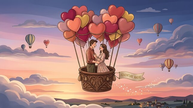 Romantic couple flying in heart shaped hot air balloon at sunset sky adventure ahead illustration