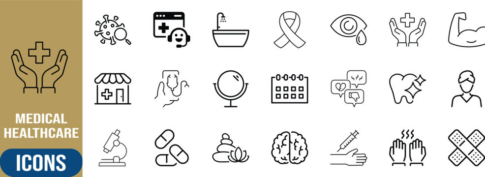 Medical healthcare flat line vector icons. pill icon set, syringe icon set, microscope icon set