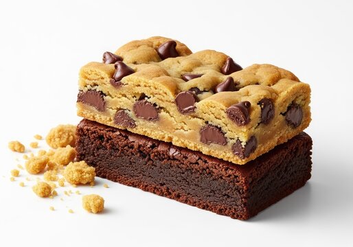 A close-up shot of a sliced brookie bar revealing moist chocolate brownie layers topped with golden chocolate chip cookie dough and crumbs, delicious, close-up, squares