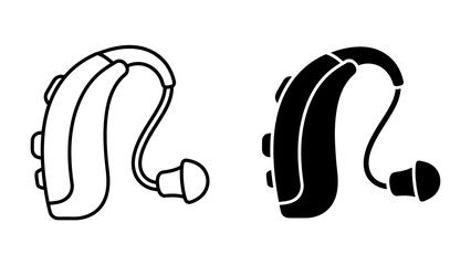 Hearing Aid Icons: A pair of hearing aid icons, one outlined in white and the other filled in black, representing amplification devices for auditory assistance. © Mohiuddin123
