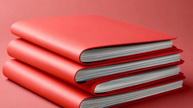 Red notebooks stacked in neat pile on red background