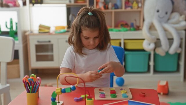 Girl playing with wooden puzzle and bead maze, right hand placing colorful peg on table in playroom building; concentration learning play.