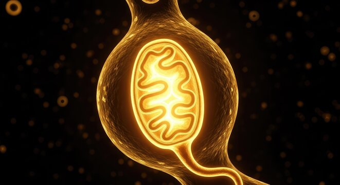 A luminous mitochondrion illuminates the dark cellular interior with vibrant golden light, showcasing internal folds and pulsing energy, powerhouse, physiology, research