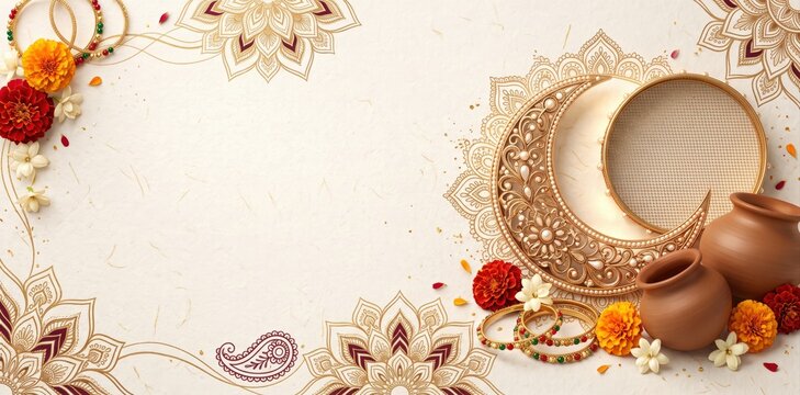 Karwa chauth celebration background, featuring a decorative, golden sieve, traditional, clay pots, vibrant, marigold flowers, and, intricate mandala patterns, on a textured, cream surface