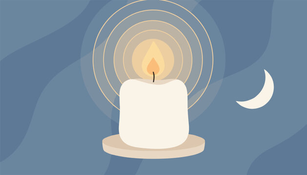 Thick burning white candle on a holder with concentric light waves and a crescent moon against a dark blue background.