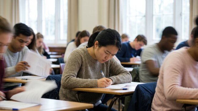 Focused Asian female student taking a written exam in a busy university classroom. She concentrates on her test paper while a teacher proctors the academic evaluation in the background.