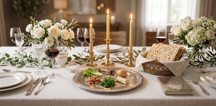 Passover seder table setting with a traditional silver plate, matzah in a woven basket, lit taper candles, crystal wine glasses, and fresh white floral arrangements on a linen tablecloth