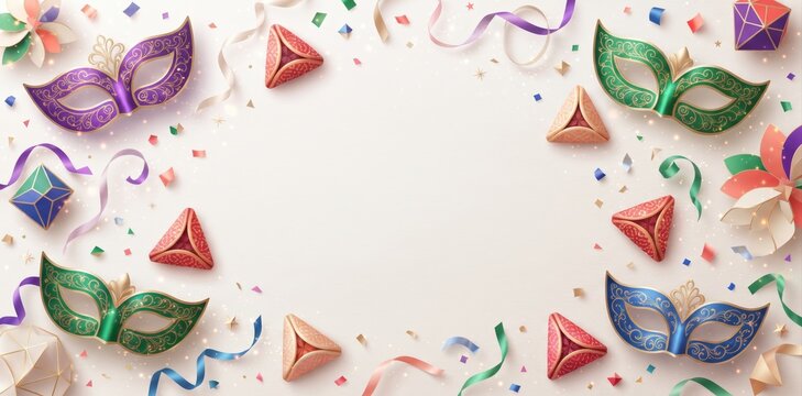 Purim holiday celebration frame with colorful venetian masks, triangular hamantaschen pastries, paper streamers, and confetti scattered on a light beige background
