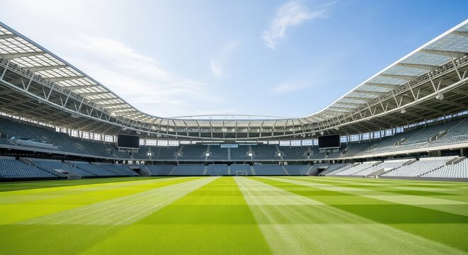 A state-of-the-art football stadium stands empty under a brilliant sun, showcasing pristine green turf and sleek architectural design, wide, modern, roof