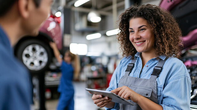Smiling young woman mechanic or service advisor with curly hair holding a digital tablet and talking to a client in a car workshop close up. Vehicle maintenance, diagnostics checklist, auto repair