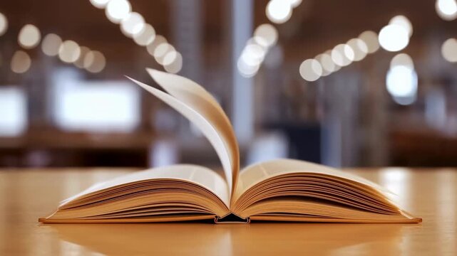 Open book resting on wooden surface with pages turning and fluttering softly in warm indoor bokeh light, showing layered paper edges, calm reading mood, and gentle shallow focus