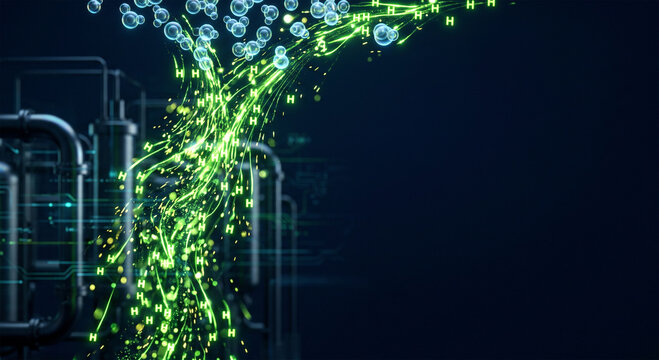 Clean energy production abstract concept flowing green particles and bubbles