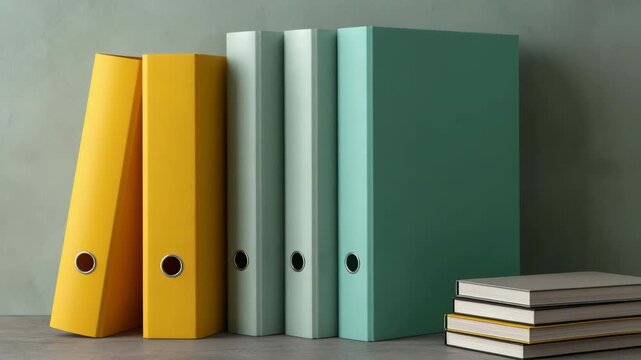 Ring binders and stacked notebooks on concrete surface